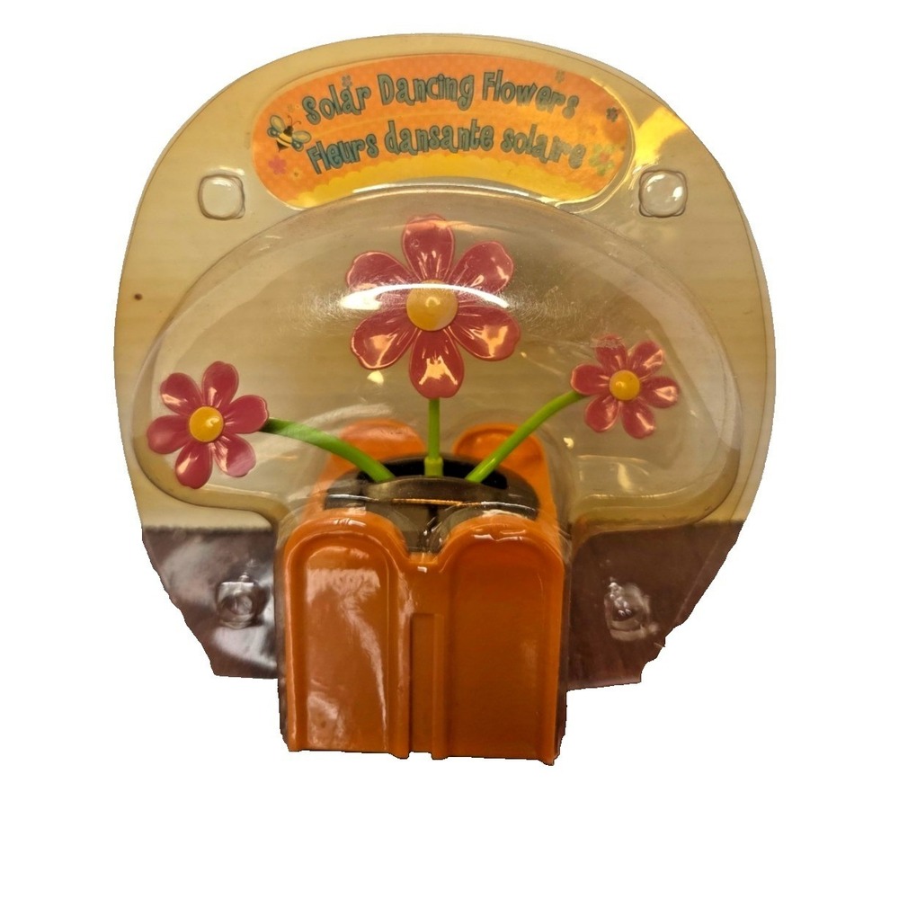 Solar Dancing Flowers Pink Blossoms Orange Base Sun Powered Decor New In Package